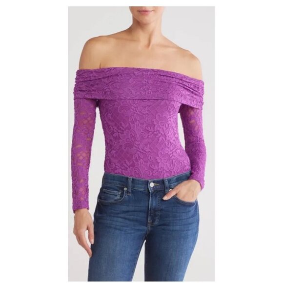 AFRM Women's Purple Floral Ruched Off the Shoulder Lace Bodysuit Size Large NWT - Picture 1 of 8